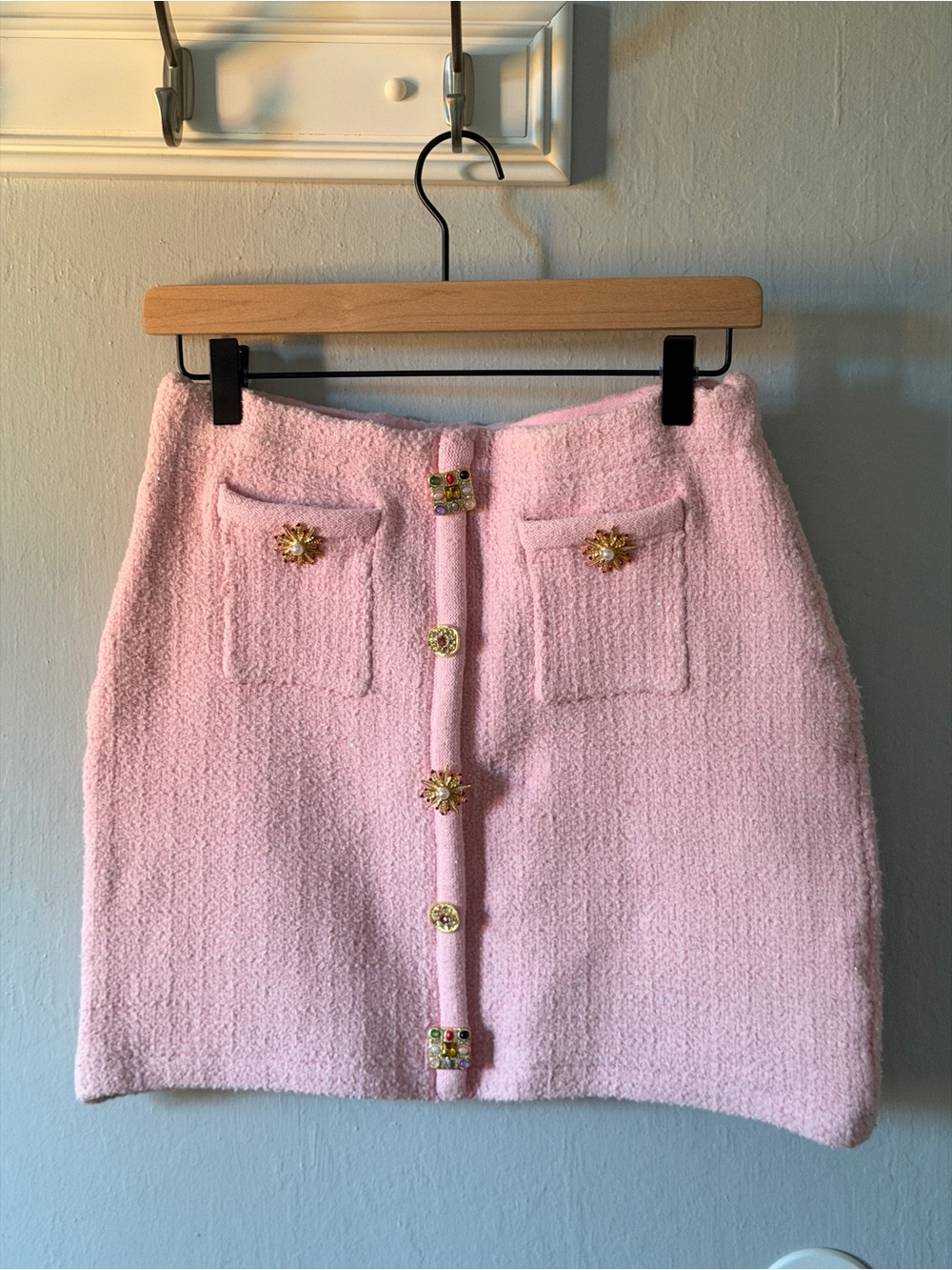 Self-Portrait Blush Pink Bouclé Mini Skirt with Gold Embellished Buttons